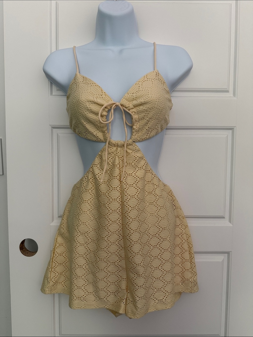 Beige Eyelet Cutout Tie-Front Romper